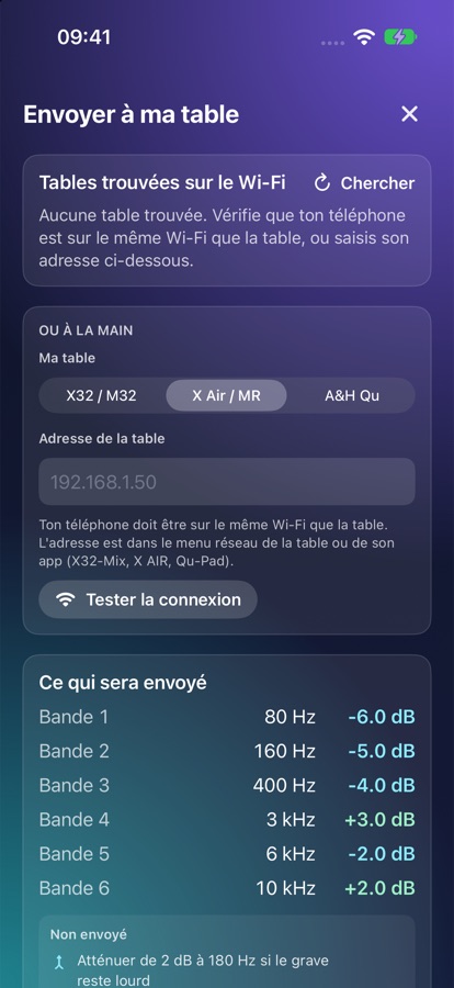 Envoi des réglages vers une table de mixage