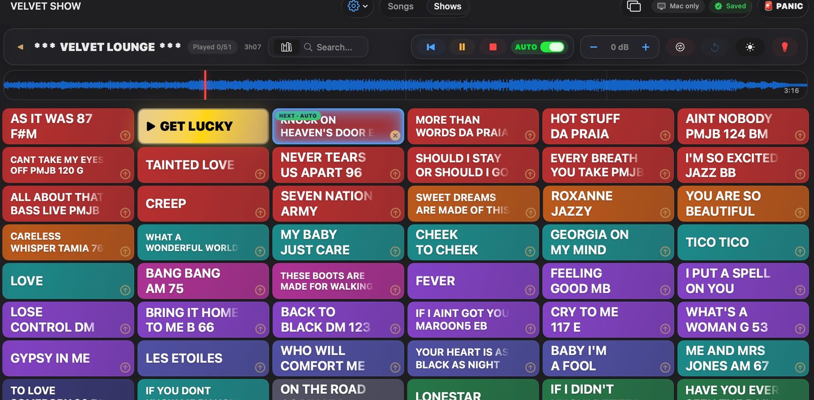 Velvet Show lyrics panel with timed lyric blocks aligned to the song waveform.
