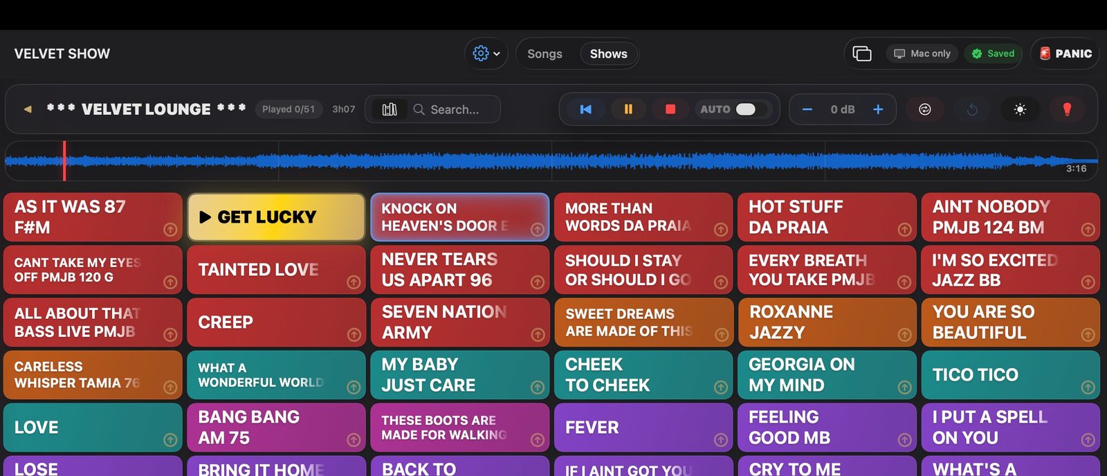 Velvet Show setlist grid showing color-coded songs in the Velvet Lounge show.