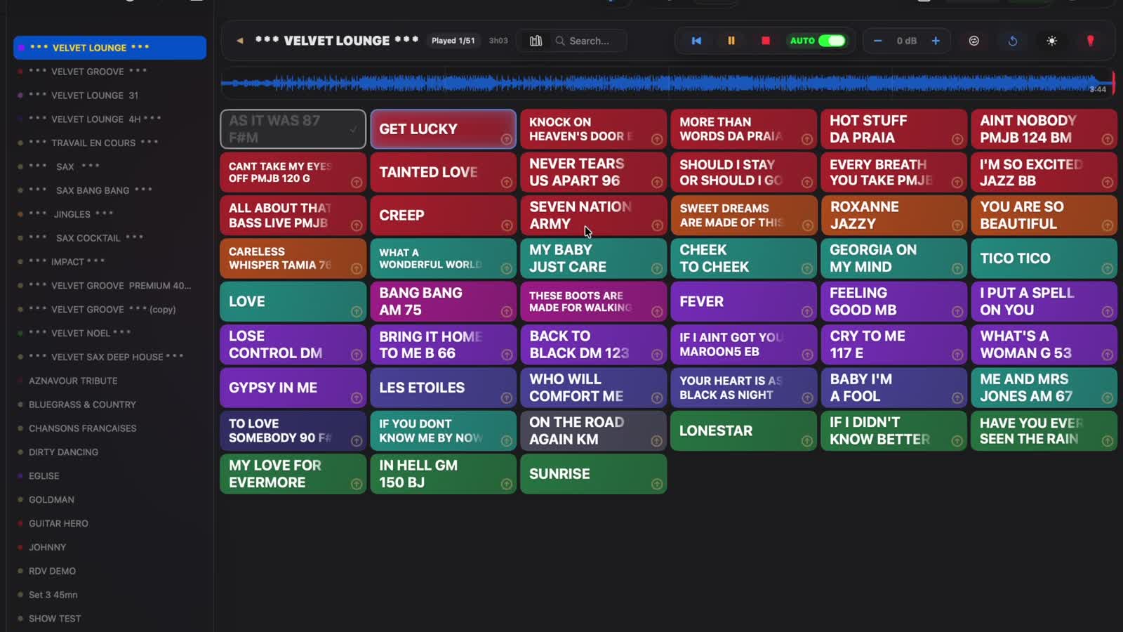 Velvet Show setlist grid showing the Velvet Lounge show, with Get Lucky playing and Knock on Heaven's Door cued next.