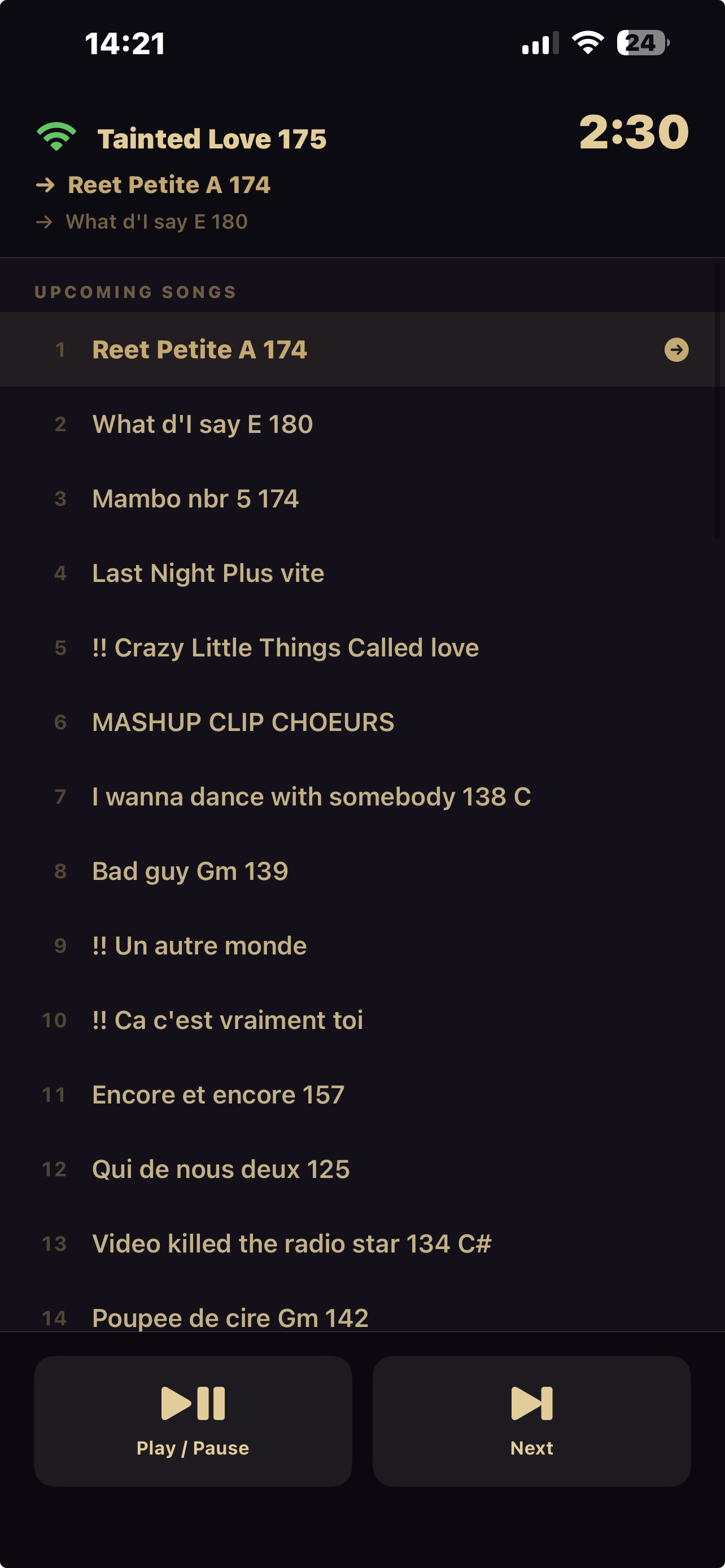 Velvet Remote on iPhone showing setlist and controls