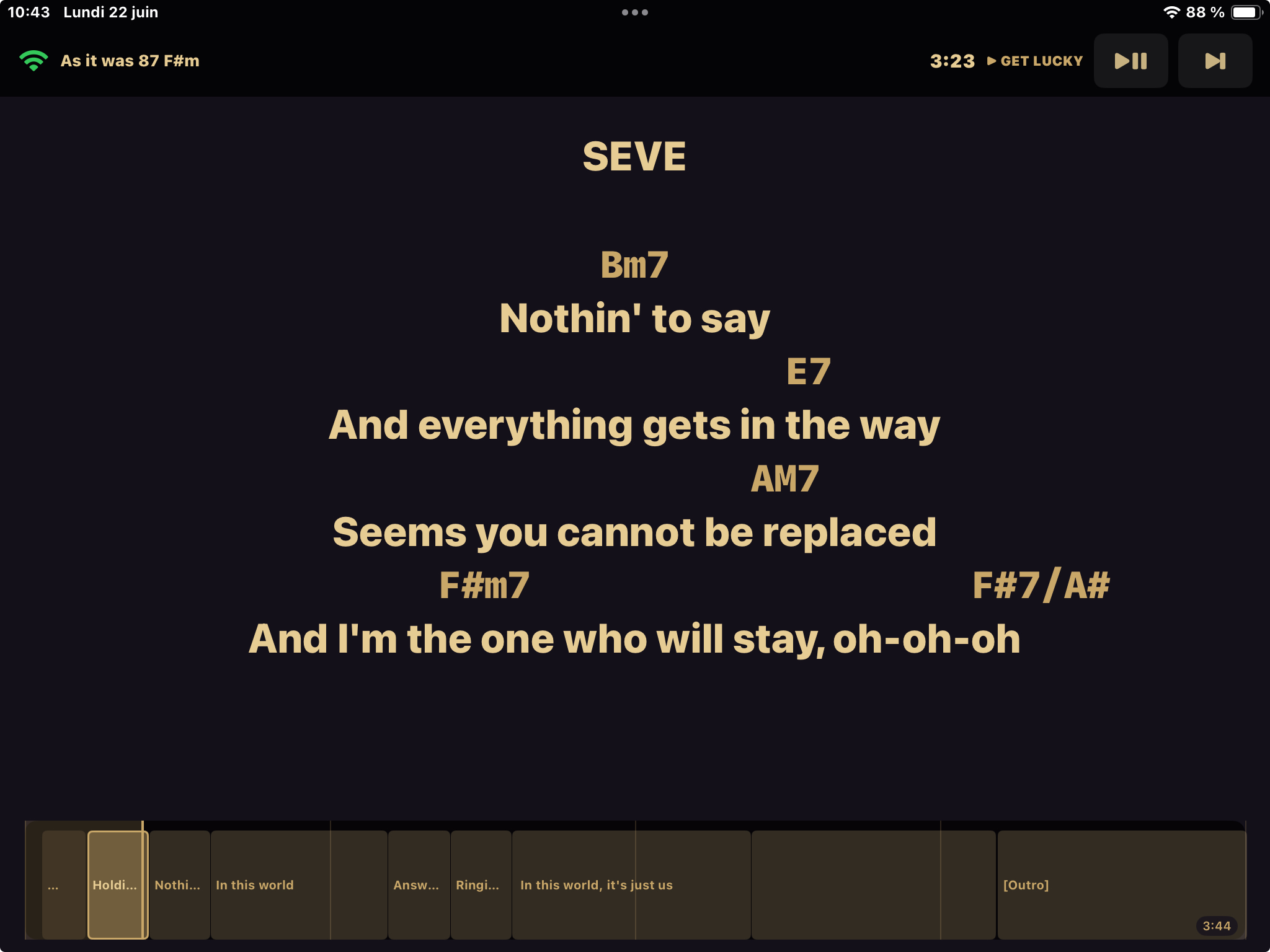 Velvet Remote on iPad showing lyrics and chords