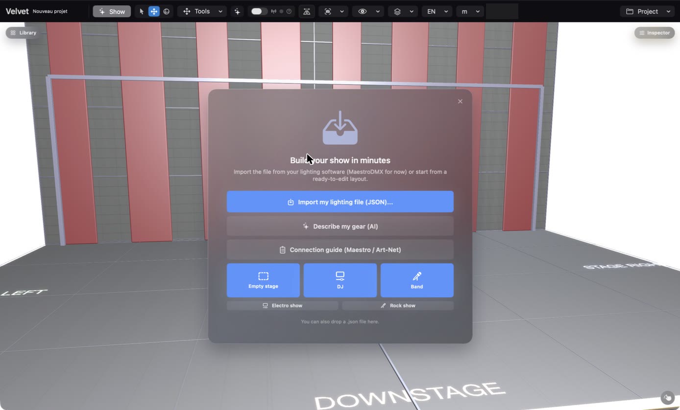 Velvet Visualizer welcome card with the options Import my lighting file, Describe my gear, Connection guide, Empty stage, DJ, Band, Electro show and Rock show