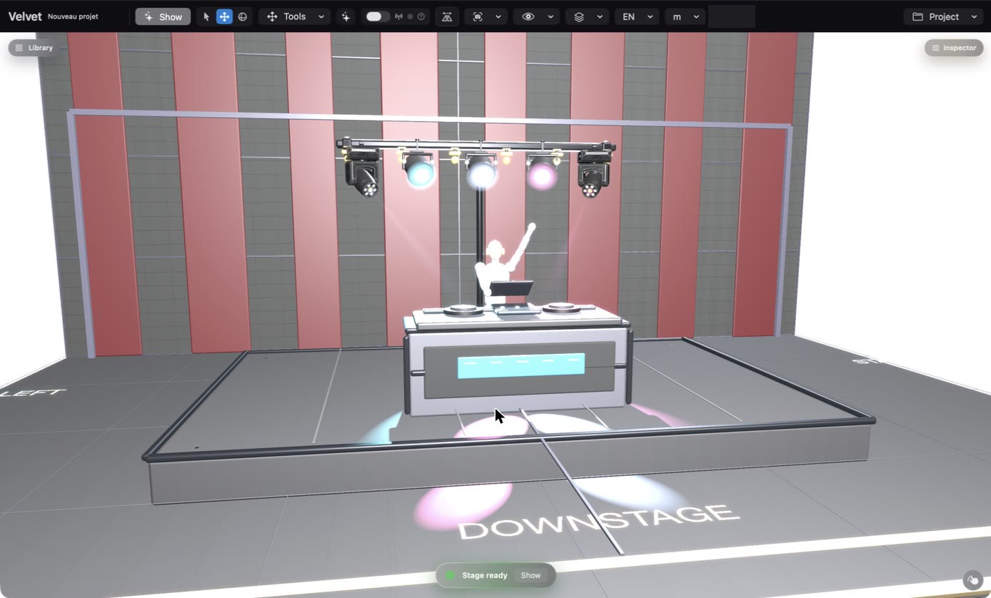 The DJ stage loaded in Velvet Visualizer: a DJ booth, a truss with moving heads and spots, and the Stage ready message