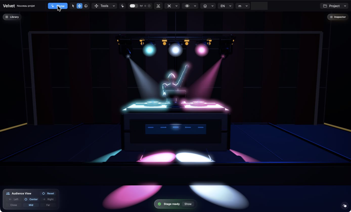 Show mode: the dark stage with coloured beams from the truss and the Audience View panel