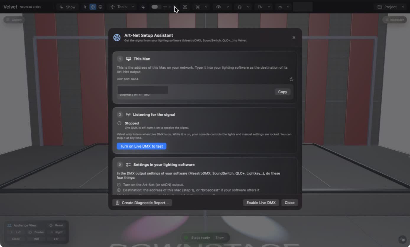 The Art-Net Setup Assistant: this Mac's address, the listening status, and the settings to enter in your lighting software