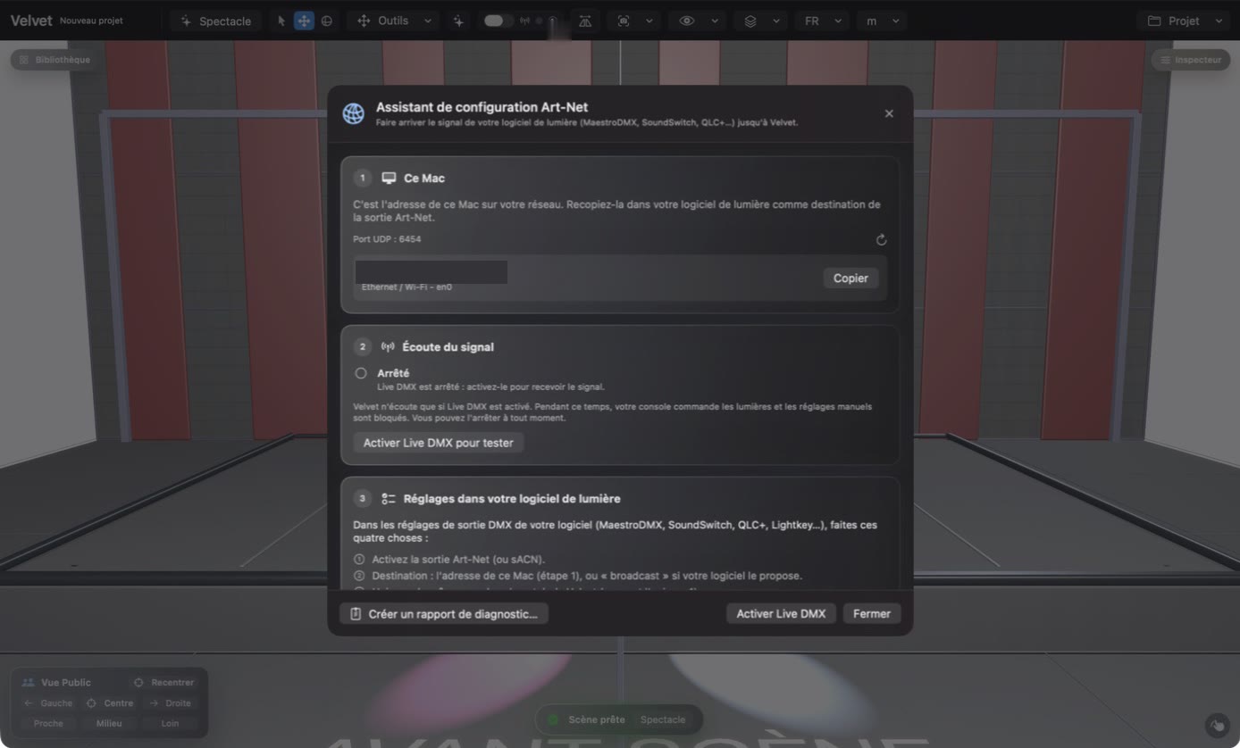 L'assistant de configuration Art-Net&nbsp;: l'adresse de ce Mac, l'état de l'écoute, et les réglages à faire dans votre logiciel de lumière